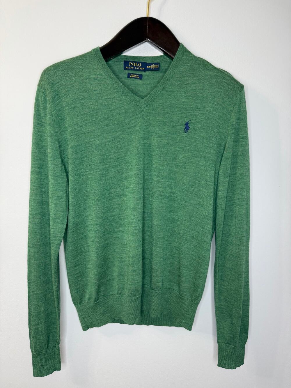 Polo Ralph Lauren Merino Wool V-Neck Sweater Green Mens M Custom Fit Preppy